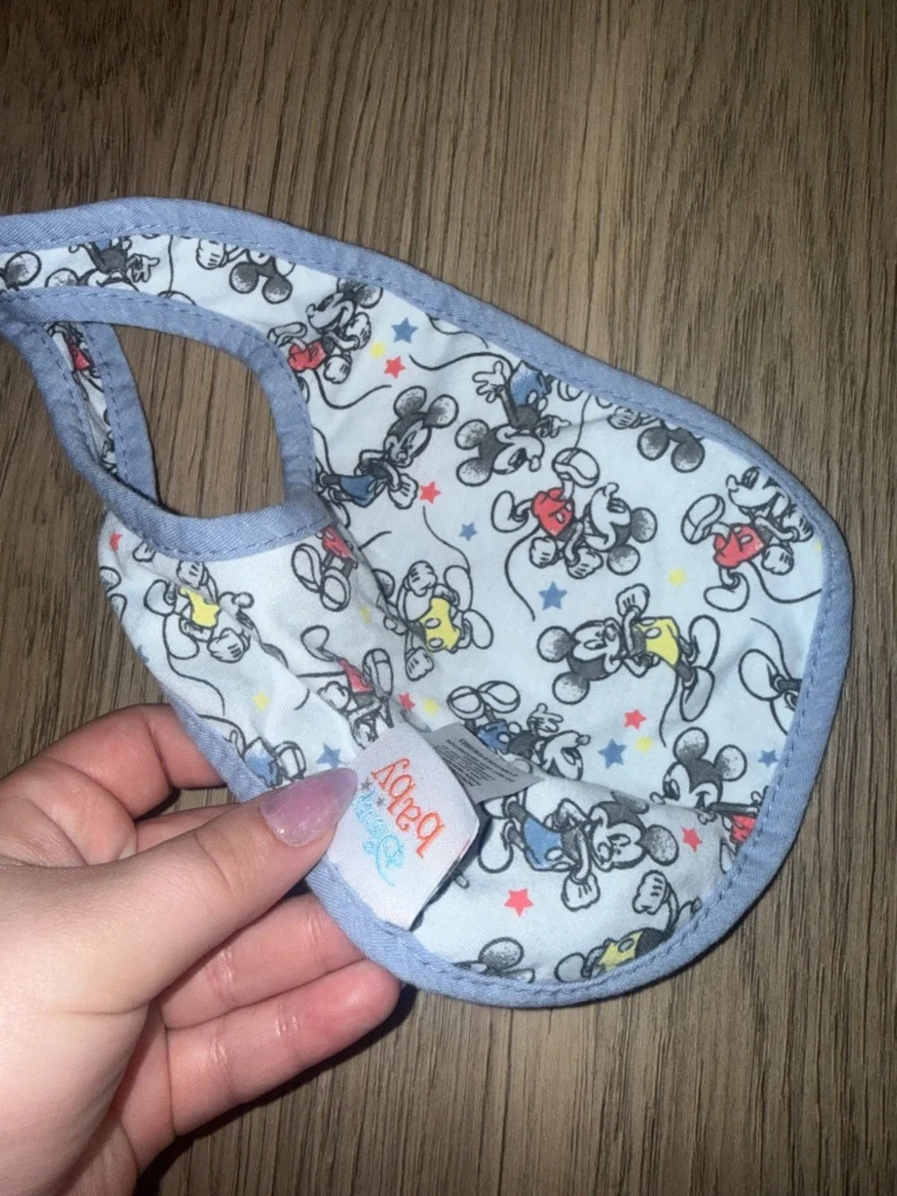 Disney Baby Mickey Mouse Bib Blue White Allover Print Infant Feeding Bib